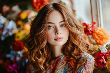 A young woman with flowing brown hair gazes softly, framed by an array of colorful flowers