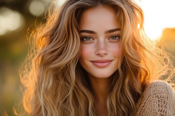 Golden sunlight dances around a young girl as she smiles warmly, her flowing hair catching the soft glow. The tranquil outdoor atmosphere creates a sense of peace and joy