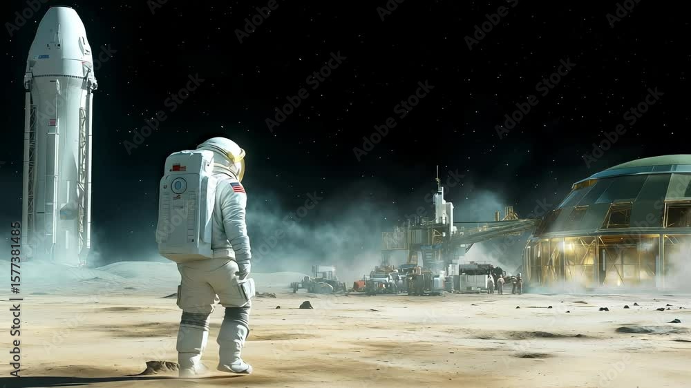 Poster lone astronaut in white spacesuit walking toward illuminated research facilities of a moon base. roc