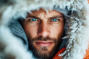 Thriving in the heart of winter, a rugged adventurer stares intensely, his captivating blue eyes shining through a hood filled with frost