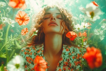 Surrounded by an array of colorful flowers, a woman experiences a moment of serenity and bliss, her face lifted toward the sky. The golden light creates a magical atmosphere, celebrating beauty