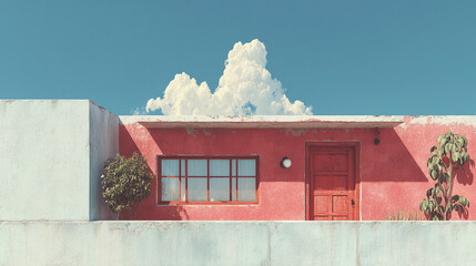 Minimalist architecture with a striking red facade under a clear blue sky and soft clouds.