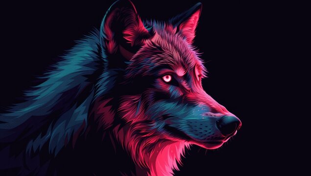 geometric wolf head, glowing pink eyes on a black background, symmetrical design, vector art style, black and white, dark background