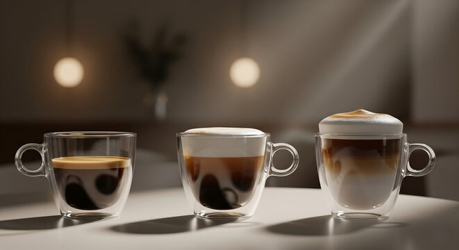 Three Glass Cups of Coffee Espresso Cappuccino and Latte Macchiato.