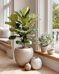 Indoor fig plant in patterned ceramic pot near window with calming decor high resolution image