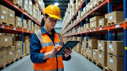 warehouse worker checking inventory with digital tablet among aisles of boxed goods, concept of logistics, inventory management, and distribution - Powered by Adobe