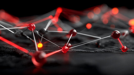 Dynamic red and black spheres form an intricate abstract network representing data flow.