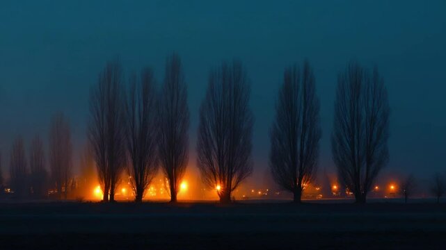 Row of tall leafless trees illuminated by warm streetlights against a foggy blue evening sky