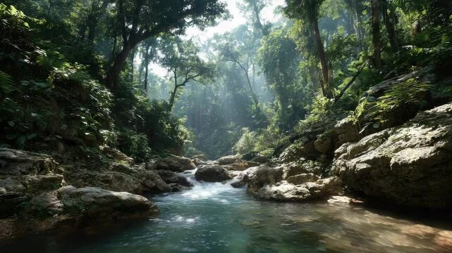 Serene Tropical River Flowing Through Lush Green Jungle with Sunlight Filtering Through Dense Foliage