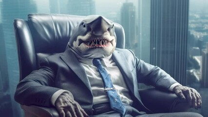 Anthropomorphic shark in business suit sitting in leather chair with cityscape background. Surreal representation of aggressive corporate culture.