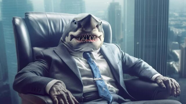 Anthropomorphic shark in business suit sitting in leather chair with cityscape background. Surreal representation of aggressive corporate culture.