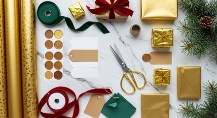 Elegant Christmas Gift Wrapping: Gold Paper, Velvet Ribbons, and Pine Sprigs on Marble