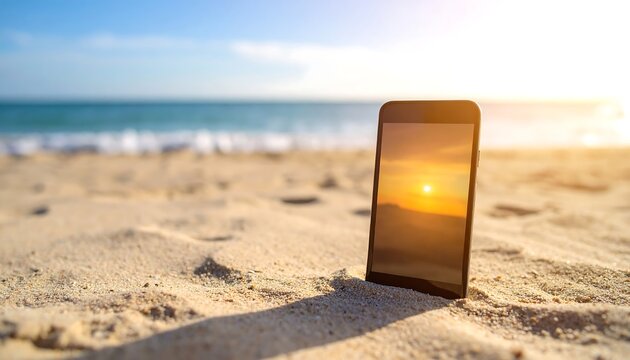 Smartphone on beach at sunset