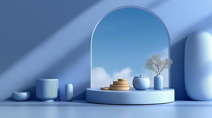 3D render with a minimal blue background featuring three podiums and a right-side arch. Soft pastel shadow from an arched window creates an elegant mockup for product presentation templates.
