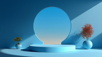 3D render with a minimal blue background featuring three podiums and a right-side arch. Soft pastel shadow from an arched window creates an elegant mockup for product presentation templates.