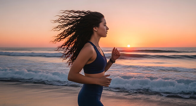 A woman's seaside run at sunrise, showing active lifestyle, fitness, wavy hair, and the beauty of ocean waves and golden light. - Powered by Adobe