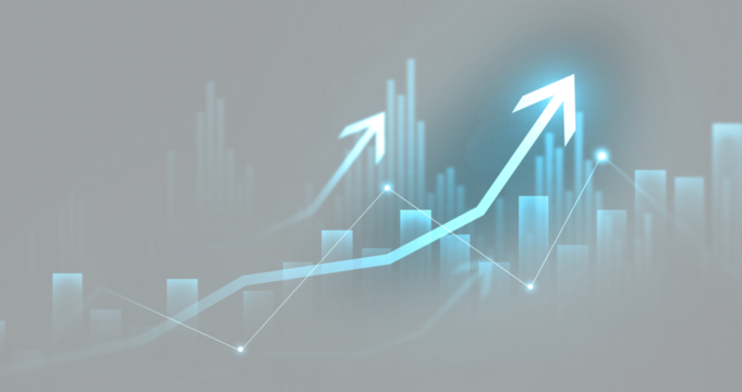 Transparent stock market investment trading graph growth and arrow up. Trade business analytics graph and financial chart.	

