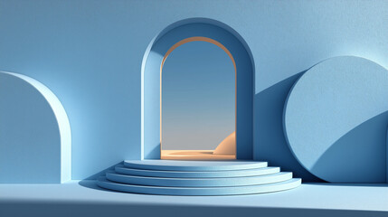 3D render with a minimal blue background featuring three podiums and a right-side arch. Soft pastel shadow from an arched window creates an elegant mockup for product presentation templates.