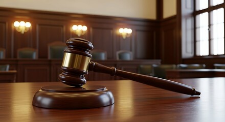 Wooden gavel resting on a courtroom table, symbolizing justice and legal proceedings.