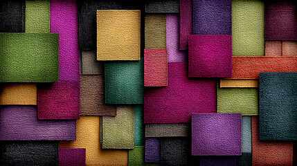 A vibrant mosaic of textured fabric squares creating a rich and colorful abstract background.