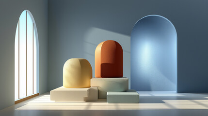3D render with a minimal blue background featuring three podiums and a right-side arch. Soft pastel shadow from an arched window creates an elegant mockup for product presentation templates.