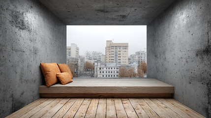 A minimalist concrete room offers a tranquil window seat view of a bustling urban landscape.