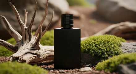 Elegant black perfume bottle mockup set in a rugged nature-inspired scene with moss, rocks, and dried branches. Perfect for luxury branding, fragrance packaging, and high-end product presentations