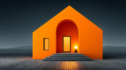 A striking orange minimalist house stands illuminated under a dark, serene sky, offering a modern architectural vision.