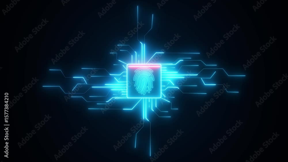 Poster fingerprint scanner with hud circle and hud line technology, a glowing fingerprint scanner is center