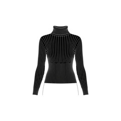 Black, long-sleeved turtleneck sweater with vertical ribbing, isolated on a white background.