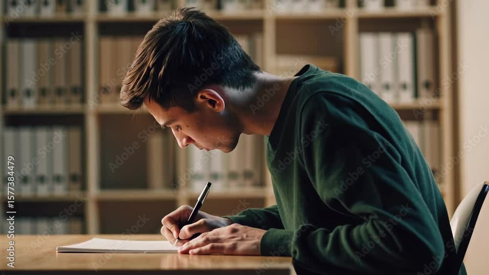 Poster dedicated student meticulously writing notes while sitting at library desk, capturing intense concen