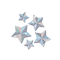 Obraz premium Five glittery stars of varying sizes are arranged on a white background, creating a sparkling and festive effect.