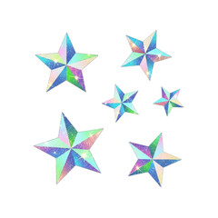 Fototapeta premium Iridescent holographic stars of varying sizes, scattered against a white background.
