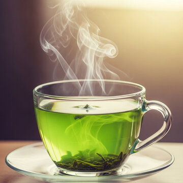 Fototapeta Hot green tea in a minimalist setting, symbolizing natural health and relaxation.