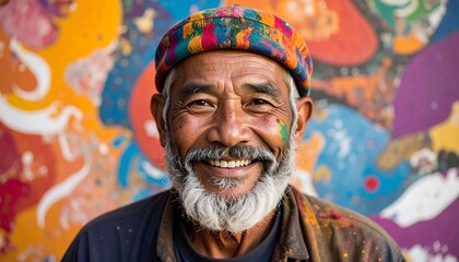 Obraz premium Smiling senior man with colorful hat and painted face