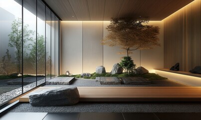 minimalist zen interior with warm wood, stone, soft light, peaceful spatial design 