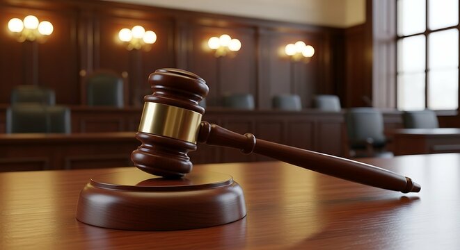 Gavel resting on a table in a courtroom, with chairs and paneling in the background.
