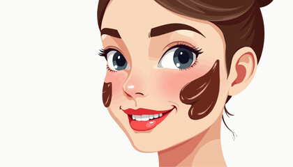 Girl smiling with chocolate facial mask on white background in flat vector style 