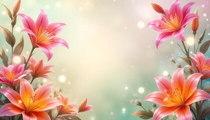 Obraz premium Bright orange lilies and pastel flowers arranged as a decorative frame on soft gradient background. Elegant floral border design, perfect for invitations, posters, or seasonal greeting cards.