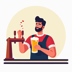 Bartender guy smiling while pouring beer at the bar  in flat vector style 