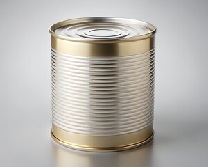 A shiny metal food can with gold accents