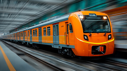 A sleek orange train blazes through an urban railway tunnel, capturing the essence of rapid modern transport.