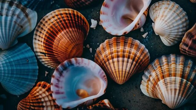 Beautiful sea shells on the beach. Ideal for projects related to nature and the sea and to create a soothing atmosphere.
