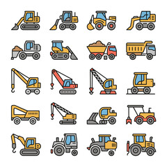 Twenty Colorful Flat Line Art Style Construction Vehicle Icons Excavators Bulldozers Dump Trucks Cranes Tractors Loaders Yellow Orange Accents