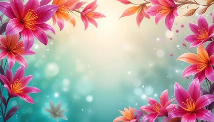 Bright orange lilies and pastel flowers arranged as a decorative frame on soft gradient background. Elegant floral border design, perfect for invitations, posters, or seasonal greeting cards.