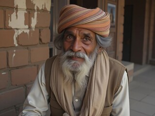 Portrait of a Wise Indian Elder with Traditional Attire and White Beard