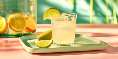 Glass of Lemonade with Lime Garnish on Tray and Pitcher of Lemons in Background

