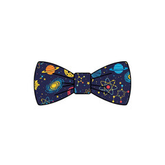 A dark blue bow tie with a pattern of planets, stars, and scientific symbols.