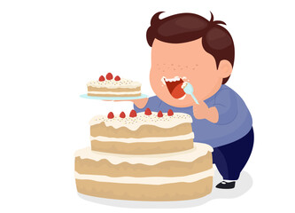 flat illustration of fat child boy eating cake.