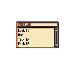 A pixelated game interface displaying interaction options within a brown wooden box.